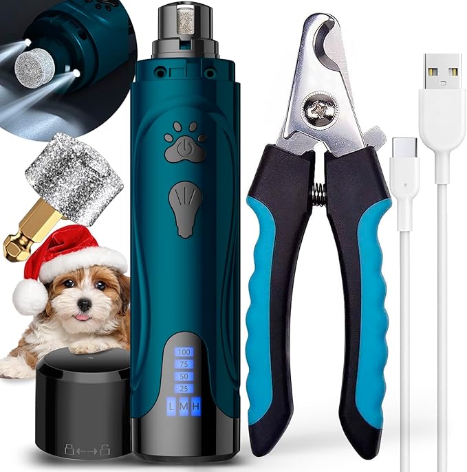 Dog Nail Grinder, Dog Nail Trimmers and Clippers Kit, Super Quiet, Rechargeable, for Small Large Dogs Cats Toenail Claw Grooming,3 Speeds, 1 Extra Grinding Wheel