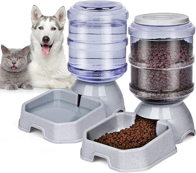 Pet Feeder and Water Food Dispenser Automatic for Dogs Cats, 100% BPA-Free, Gravity Refill, Easily Clean, Self Feeding for Small Large Pets Puppy Kitten Rabbit Bunny