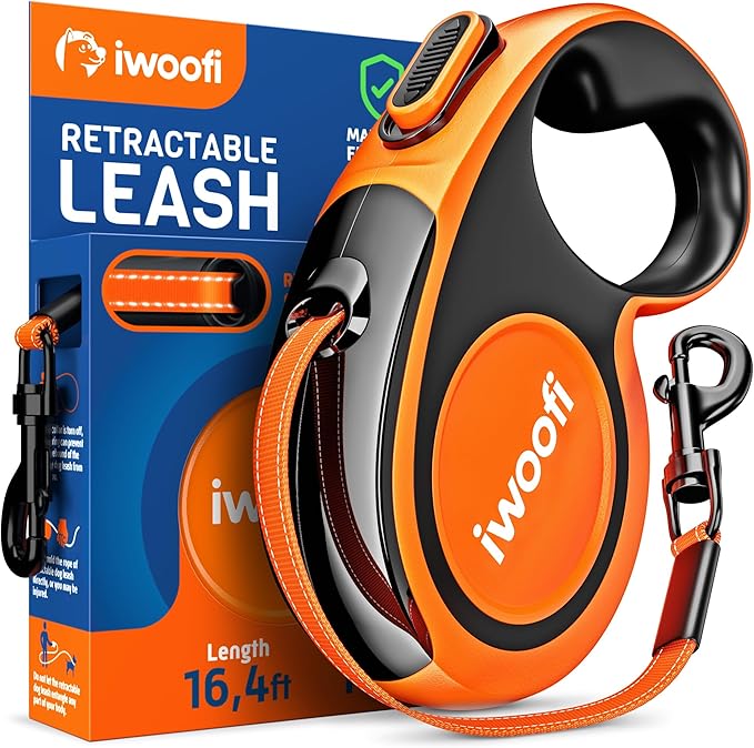 2024Release Retractable Dog Leash with Anti-Slip Soft Grip - 16,4 ft' Heavy Duty Reflective Nylon Tape Lead for Pets up to 50/110 lbs - Long Dog Leash with Anti-Twist Protection (Black/Orange)