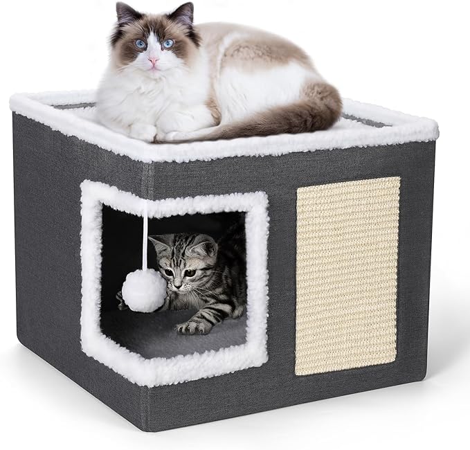 petizer Cat Bed for Indoor Cats, Large Covered Cat House with Scratch Pad, Foldable Cat Cave Bed & Hideaway Cube with Reversible Cushions, Cute Cat Condo for Multi Small Pet Kitten (Dark Grey)