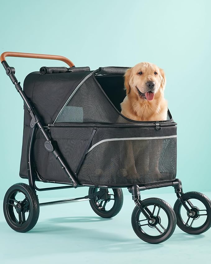 ❶【Roomy and Robust for Your Furry Family! 】 <SIZE> ZOOSKY dog stroller for large dogs boast an inner size of 33” x 20” x 12”, perfect for large pets under 30 inches, like Dobermans, Boxers, and Labradors. The extra-wide carriage provides a comfortable ride for multiple pets, fitting 3-4 medium-sized companions such as Bulldogs and Corgis, or 4-7 small pets like Poodles and Chihuahuas.
<CAPACITY> Crafted from extra-thick metal and durable 1680D Oxford fiber（compared to 500D stroller in the market）, ZOOSKY large pet stroller for multiple pets is upgraded in wear resistance and can support pets up to 110 pounds, making it ideal for larger breeds like Golden Retrievers and smaller, muscular breeds like French Bulldogs and Boston Terriers. Enjoy walks with all your pets together in one spacious and sturdy stroller!
❷【See & Breathe: Dual-Window Pet Stroller Frame】 ZOOSKY dog stroller for large dogs features a front and top mesh window, both of which can be zipped open and rolled up. The sunroof design helps you interact with them, whether keeping an eye on their excitement or giving treats. The front mesh window offers a forward vantage point, providing reassurance and a great view at the same time during rides, especially helpful for those who get nervous around strangers.
With a canopy that opens to a generous 120°, you can easily set up your pet’s favorite toys or bedding. Additionally, the forward side of the carriage is made of mesh, ensuring breathability and visibility, keeping your pets cool and comfortable. Perfect for active pets, they can rest and cool down while enjoying the ride!
❸【Enhanced Accessibility: Low Entry Innovation & Mesh Door for Large Pet】 With a convenient mesh pet door at the back, your large pets can jump in and out effortlessly—no lifting required! The upgraded low-entry design, now just 12 inches from the ground, reflects our commitment to accessibility for pets with mobility challenges, including seniors and those with health concerns. Uniquely, our large dog stroller up to 110lbs combines enlarged wheels for a smooth ride while keeping the foundation low. This thoughtful design prioritizes comfort and ease for your furry friends.
❹【Versatile Adjustable Handlebar: Custom Comfort for All! 】 ZOOSKY dog stroller’s adjustable handlebar offers 5 height settings (38.6 to 44 inches) that can be positioned forward or backward, ensuring a perfect fit for kids, adults, seniors, and people with special issues. Enjoy a soft, stylish grip with luxurious faux leather padding that enhances every stroll. Find your perfect fit and transform every outing into a delightful experience!
❺【Upgraded Wheels for a Smoother and All-Terrain Pet Stroller Experience!】 Upgrade your strolls with our enhanced all terrain dog stroller! With the front wheel now measuring 8.9 inches (2.4 inches larger)—while the rear wheels are 10.6 inches (1.7 inches larger), experience unmatched stability and a smooth ride for your furry friend.