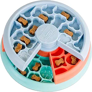 Level 2 Intermediate dog puzzle and slow feeder all-in-one – great for puppies with little to no puzzle experience while still providing an interactive challenge for smart dogs
Three spinning layers and over 60 dog treat compartments help extend your dog's mealtime and slow eating pace
Provides mental stimulation to help bust boredom – 15 minutes of mental stimulation is equal to 30 minutes of physical activity, giving dogs and puppies of all ages and sizes the exercise they crave
Helps reduce dog anxiety and redirect unwanted behaviors like excessive barking, chewing, and digging in a fun and exciting way
Holds 1 cups of dry or wet dog food