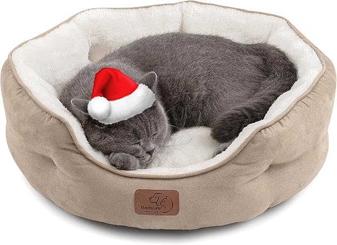 Bedsure Dog Beds for Small Dogs - Round Cat Beds for Indoor Cats, Washable Pet Bed for Puppy and Kitten with Slip-Resistant Bottom, 20 Inches, Camel