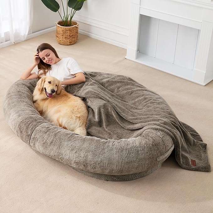 Homguava Large Human Dog Bed 72"x48"x10" Human-Sized Big Dog Bed for Adults&Pets Giant Beanbag Bed with Washable Fur Cover,Blanket and Strap(Large, Gradient Brown)